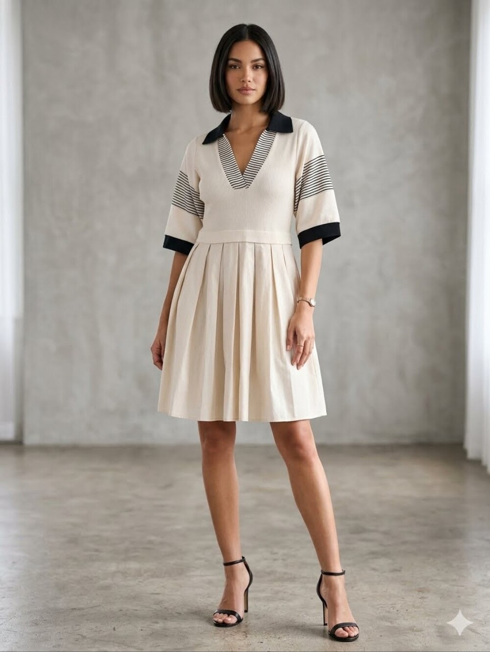 Cream and Black Polo-Style Skater Dress